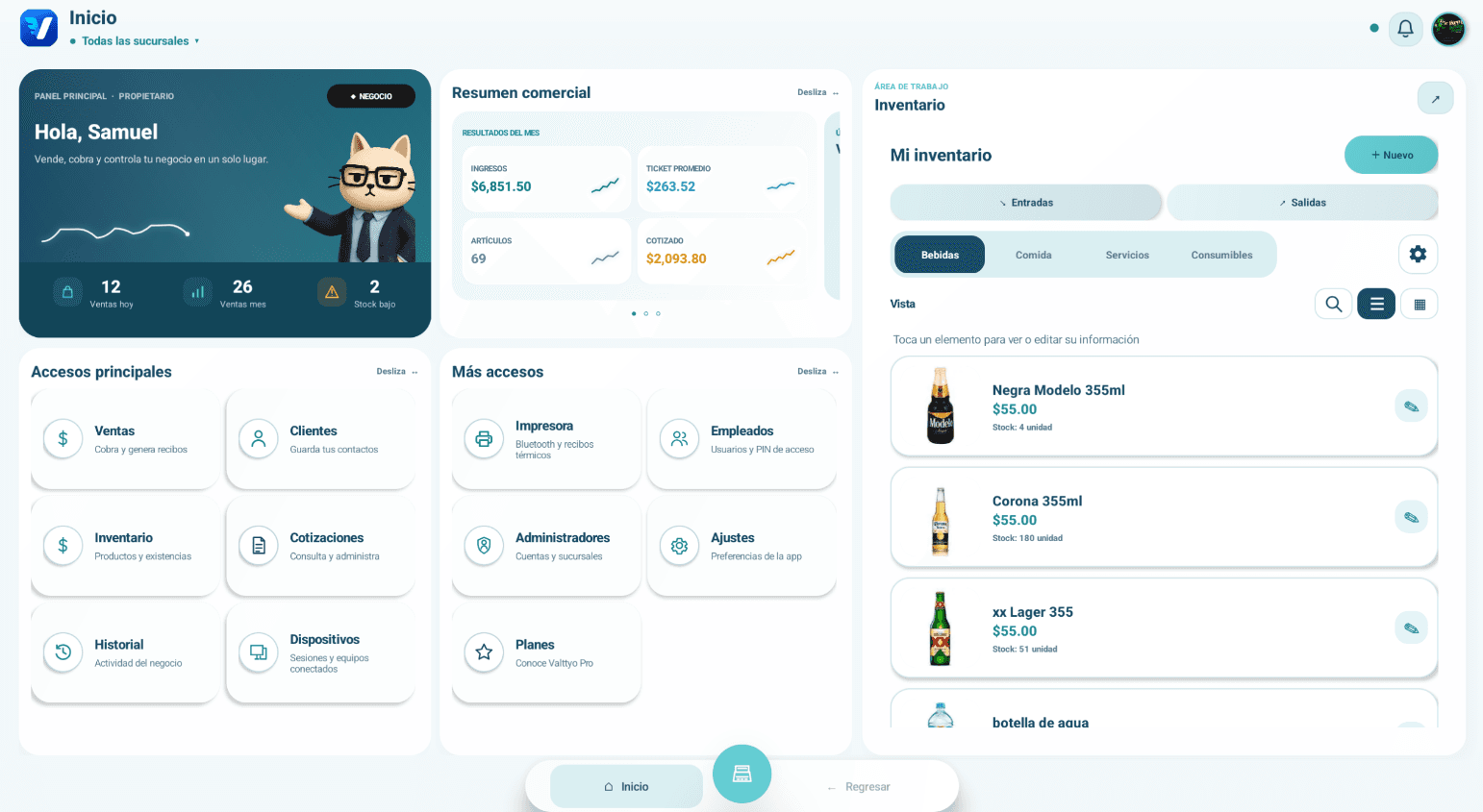Valttyo en modo punto de venta: inventario y accesos rápidos